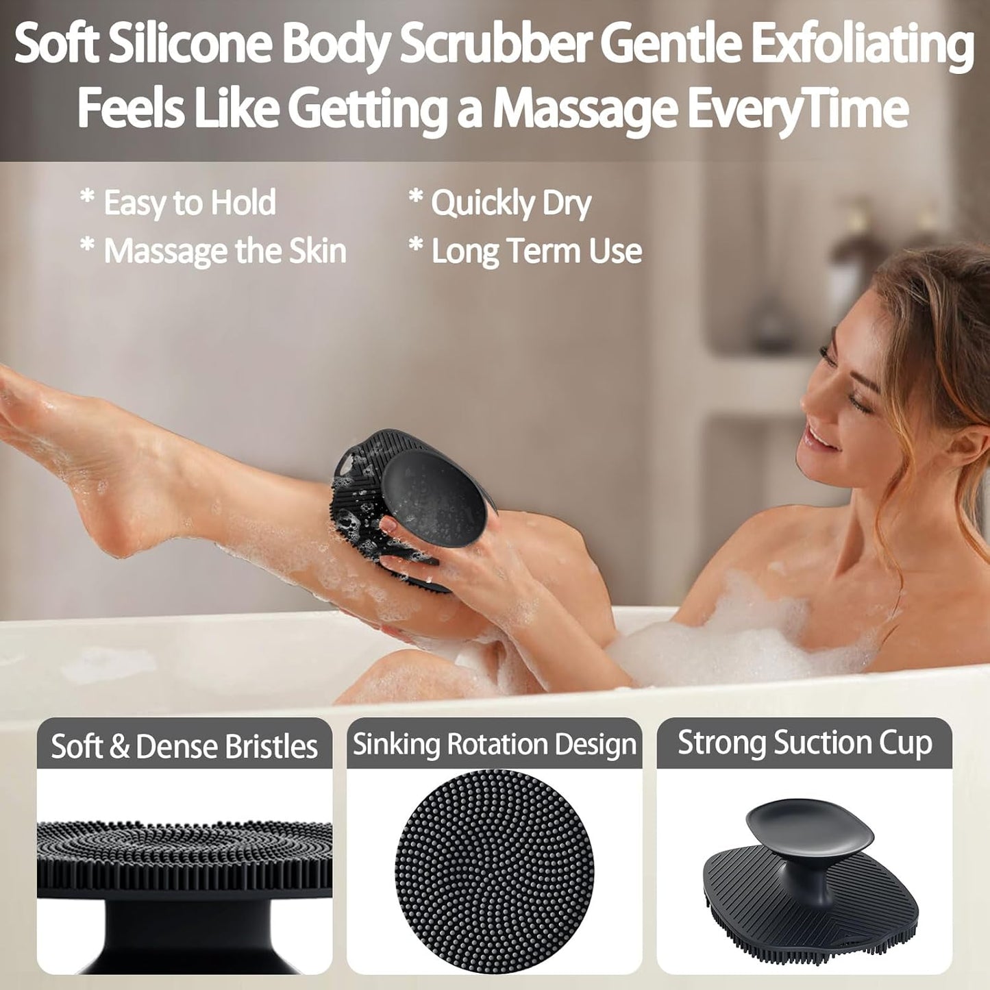 Soft Silicone Body Scrubber, Gentle like a Hand Exfoliating Your Skin and Build up Lather Easily, Back Large Suction Cup Easy to Store, Long-Lasting & Deep Clean (Black)